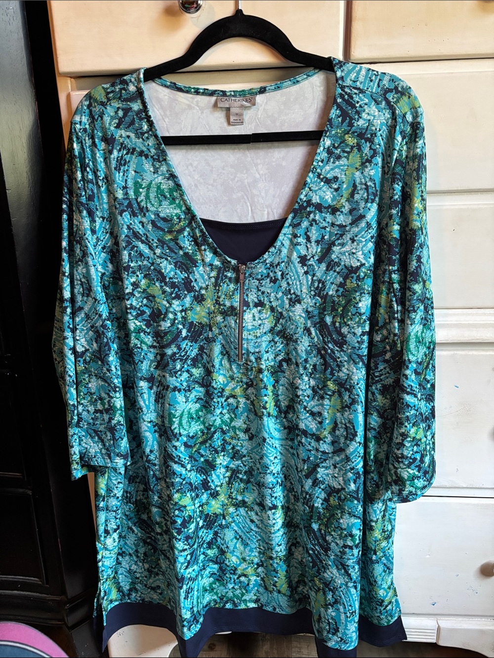 Catherines Turquoise, Teal and Navy Printed Neckline Top